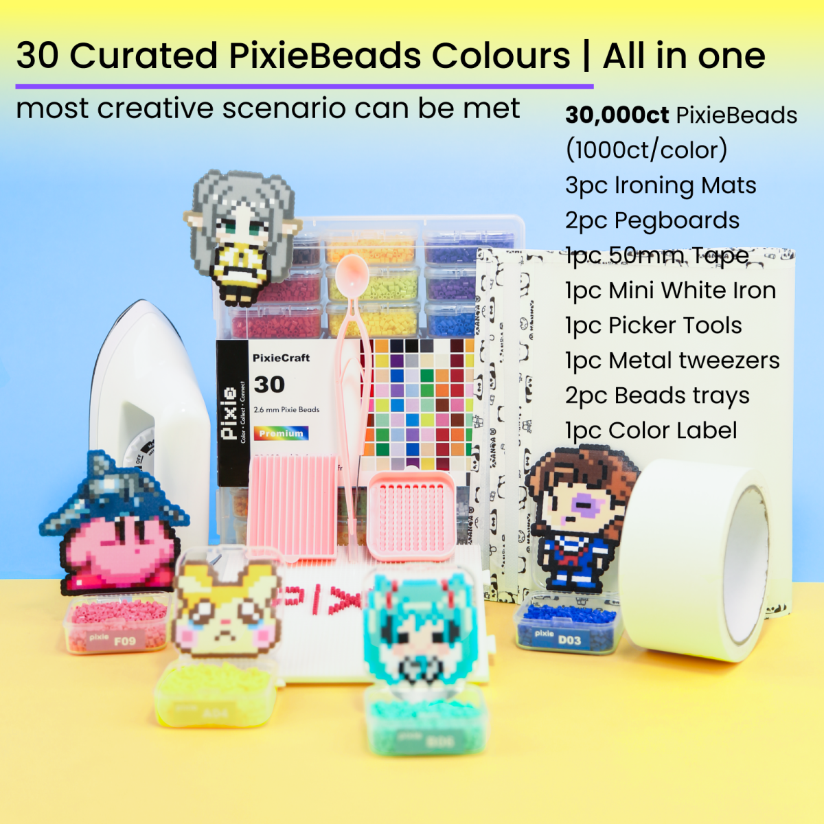 PixieCraft 30,000 pcs 2.6mm Fuse Beads Kit, 30 Colors PixieBeads 41 pcs Full Set with Storage Box, Pegboards, Mini Iron, Tweezers, Trays, Bead Pen, Ironing Mats, Pixel Art Craft Kits for Adults, Teens - PixieCraft