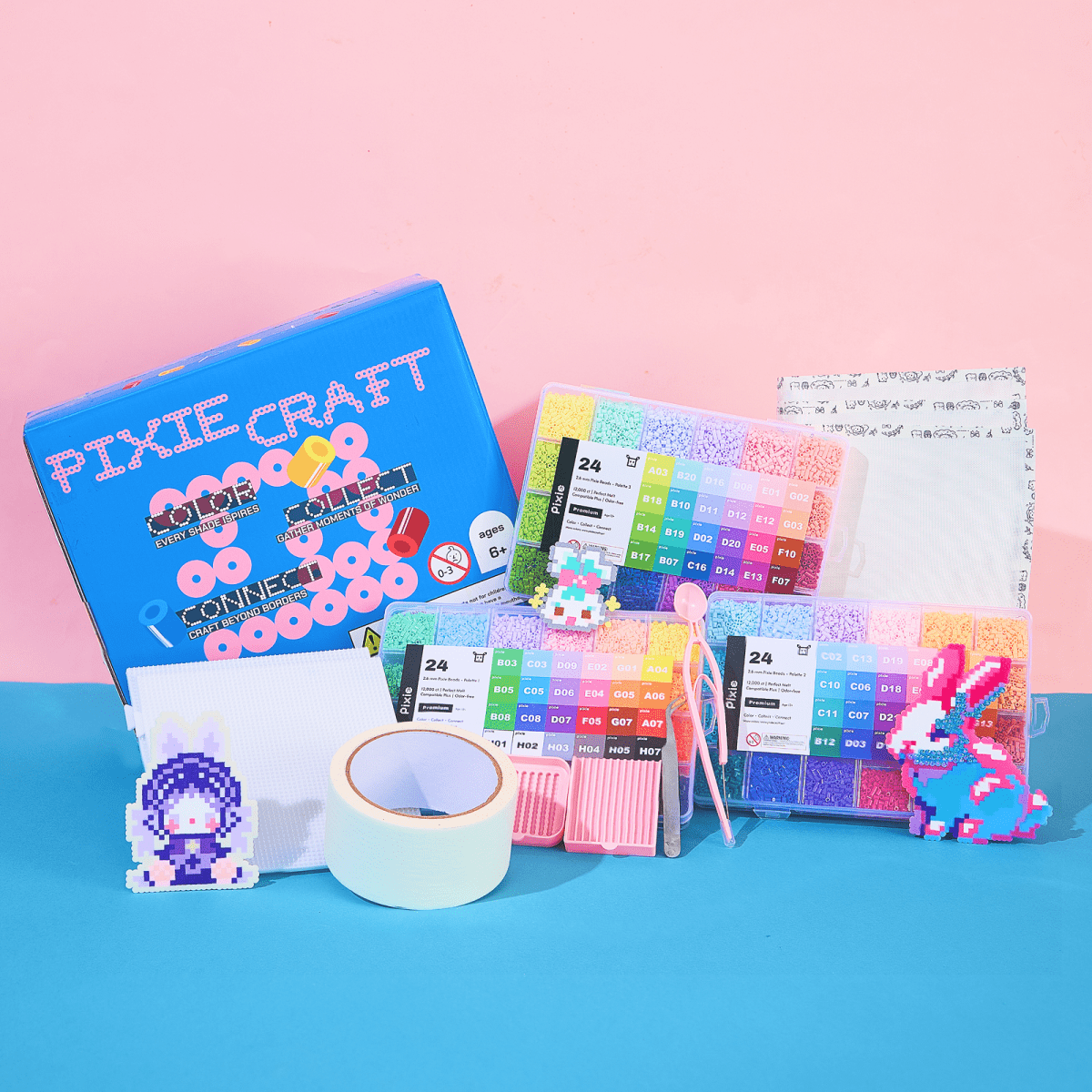 PixieCraft 36000 pcs 2.6mm Fuse Beads Kit, 72 Colors PixieBeads 82 pcs Set with Pegboards, Tweezers, Trays, Bead Pen, Ironing Mats, Pixel Art Craft Kits for Adults, Teens - PixieCraft