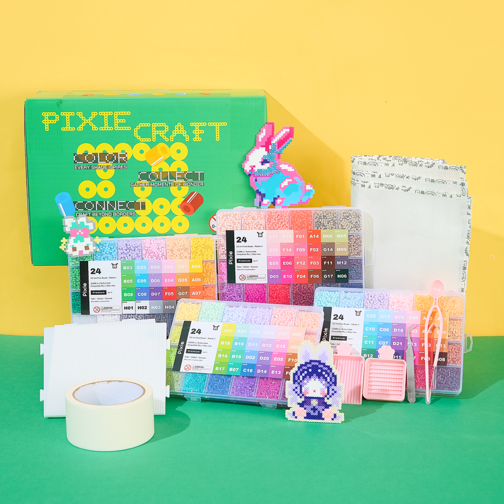 PixieCraft 48000 pcs 2.6mm Fuse Beads Kit, 96 Colors PixieBeads 106 pcs Set with Pegboards, Tweezers, Trays, Bead Pen, Ironing Mats,Pixel Art Craft Kits for Adults, Teens - PixieCraft