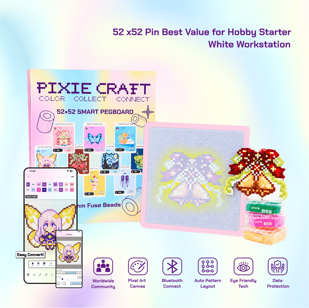 PixieCraft 52 x 52 & 104 x 104 Black Smart Pegboard for 2.6mm Fuse Beads, Eye-Friendly LED Pixel Art Board with Bluetooth, Compatible with PixieCraft Design App, Photo-to-Pattern, 2mm Stable Pins, Matte Finish - PixieCraft