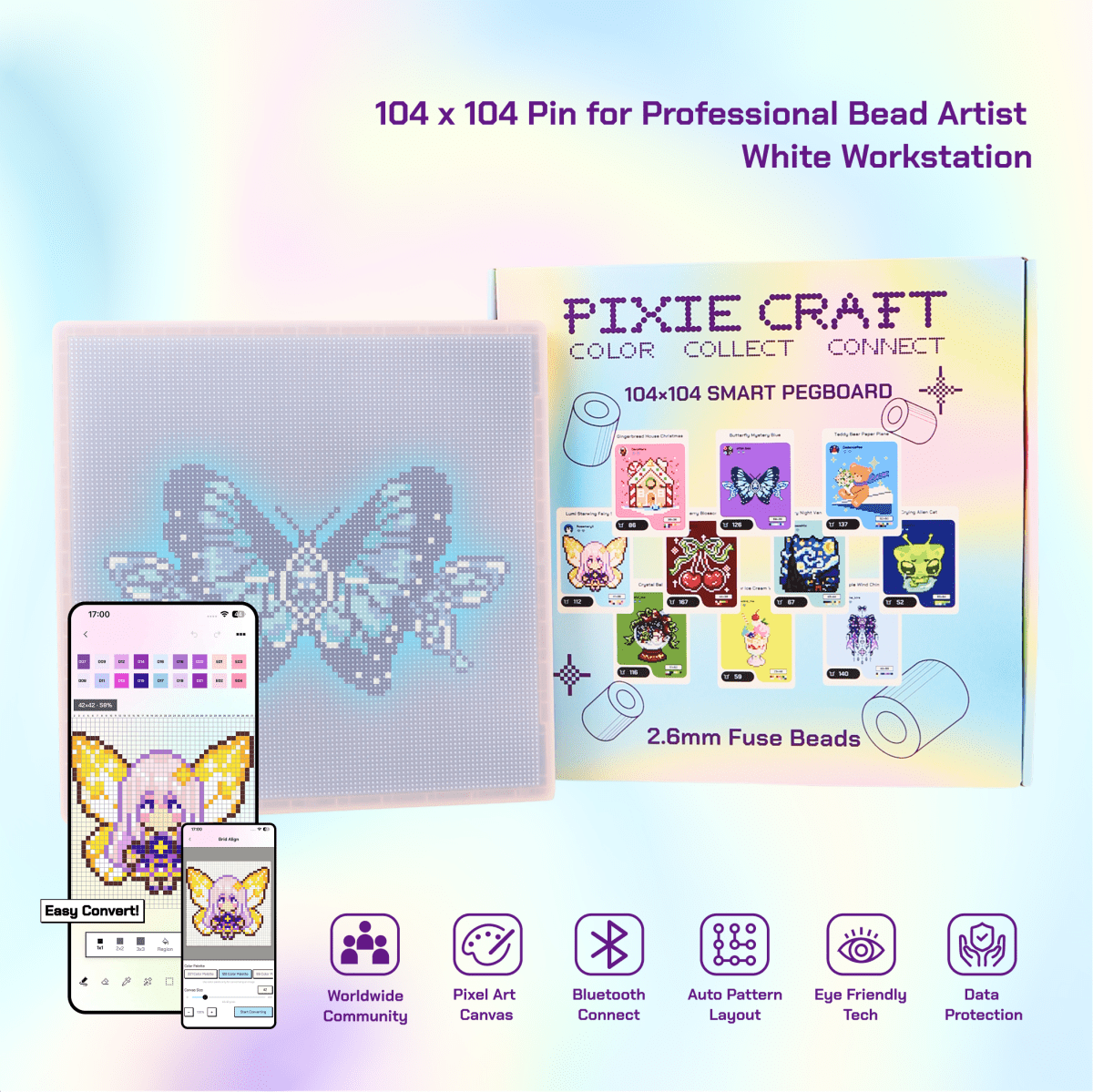 PixieCraft 52 x 52 & 104 x 104 Black Smart Pegboard for 2.6mm Fuse Beads, Eye-Friendly LED Pixel Art Board with Bluetooth, Compatible with PixieCraft Design App, Photo-to-Pattern, 2mm Stable Pins, Matte Finish - PixieCraft
