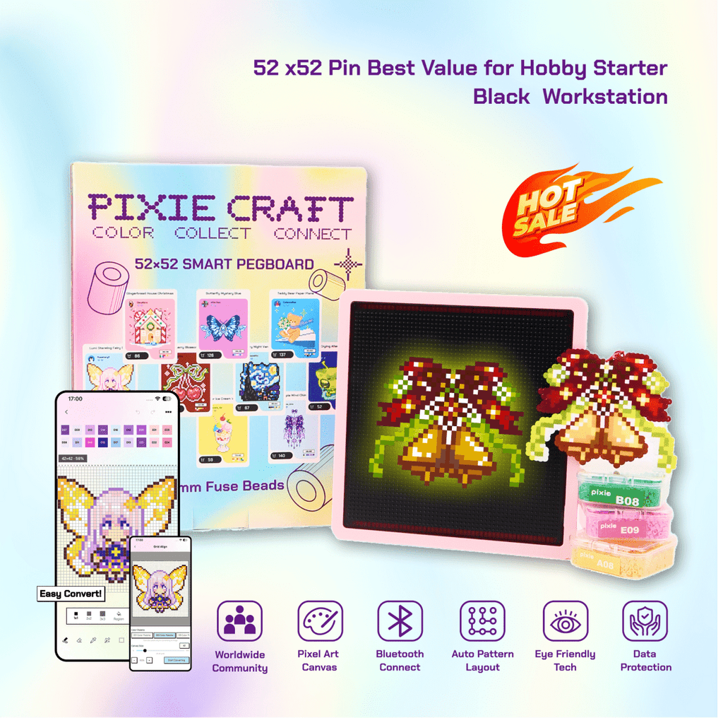 PixieCraft 52 x 52 & 104 x 104 Black Smart Pegboard for 2.6mm Fuse Beads, Eye-Friendly LED Pixel Art Board with Bluetooth, Compatible with PixieCraft Design App, Photo-to-Pattern, 2mm Stable Pins, Matte Finish - PixieCraft