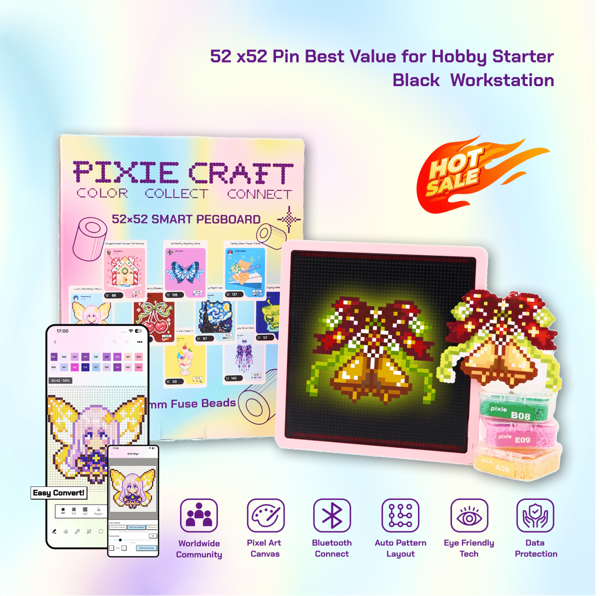 PixieCraft 52 x 52 & 104 x 104 Black Smart Pegboard for 2.6mm Fuse Beads, Eye-Friendly LED Pixel Art Board with Bluetooth, Compatible with PixieCraft Design App, Photo-to-Pattern, 2mm Stable Pins, Matte Finish - PixieCraft