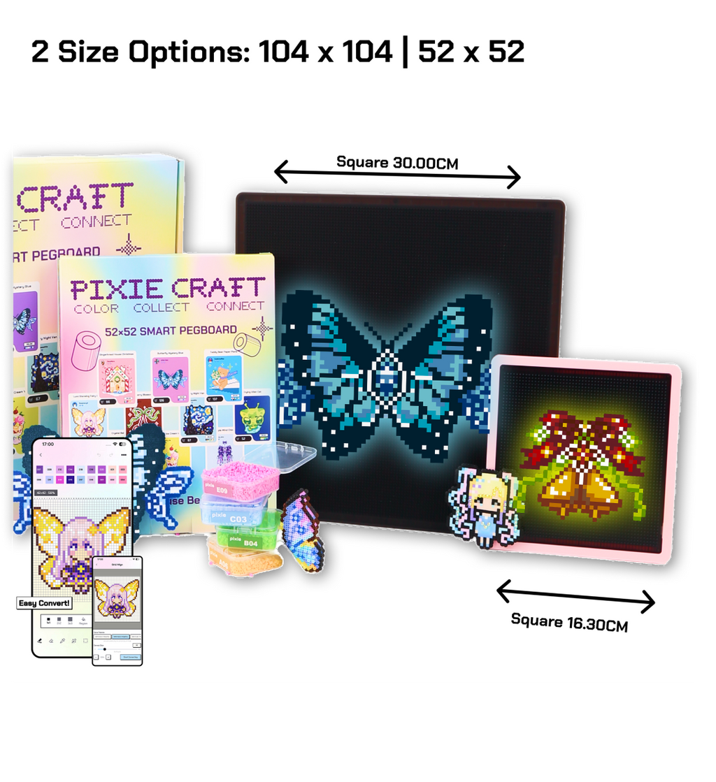 PixieCraft 52 x 52 & 104 x 104 Black Smart Pegboard for 2.6mm Fuse Beads, Eye-Friendly LED Pixel Art Board with Bluetooth, Compatible with PixieCraft Design App, Photo-to-Pattern, 2mm Stable Pins, Matte Finish - PixieCraft