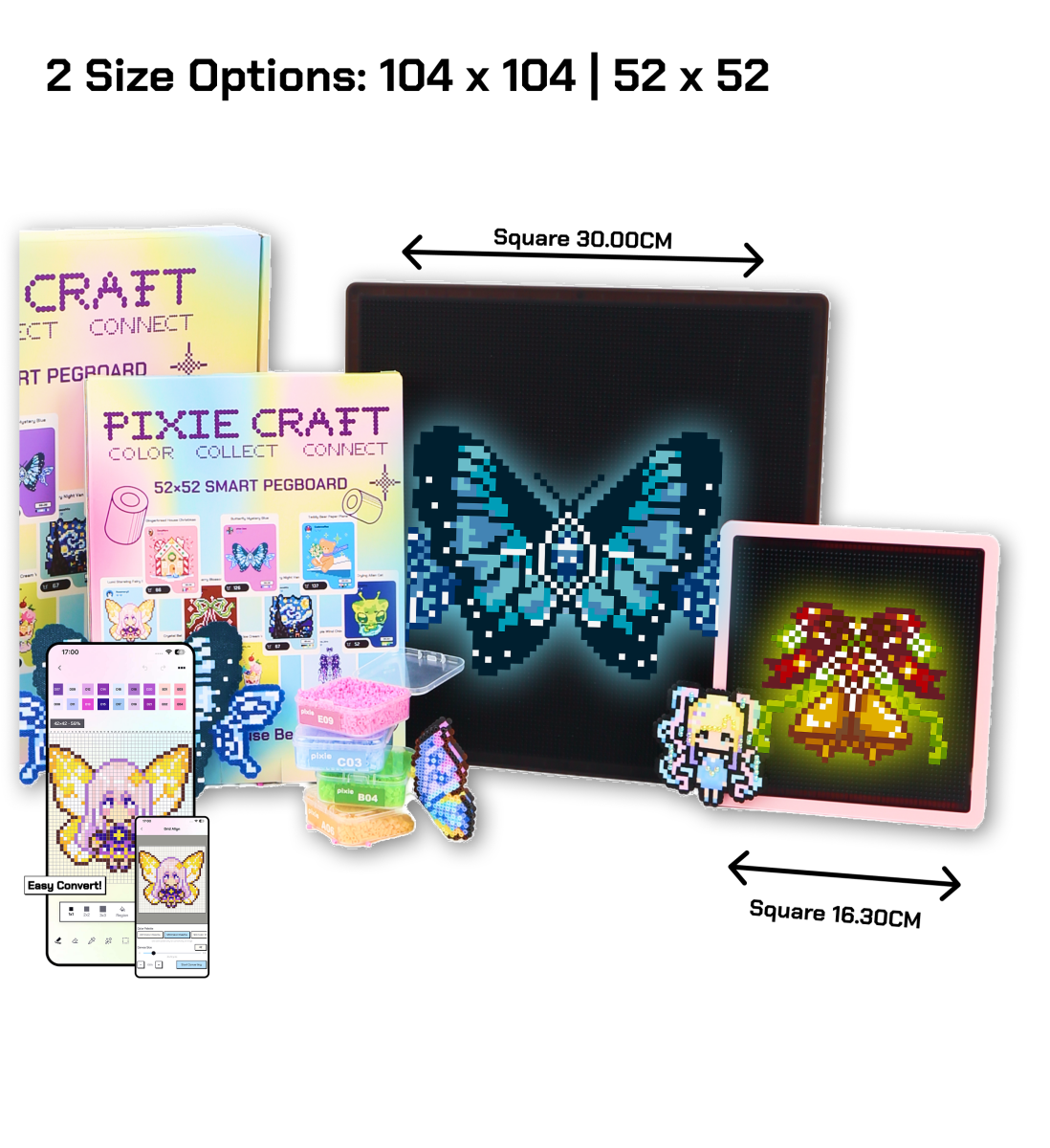 PixieCraft 52 x 52 & 104 x 104 Black Smart Pegboard for 2.6mm Fuse Beads, Eye-Friendly LED Pixel Art Board with Bluetooth, Compatible with PixieCraft Design App, Photo-to-Pattern, 2mm Stable Pins, Matte Finish - PixieCraft