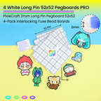 PixieCraft 52x52 Pixel Pegboard PRO 4 - Pack – Interlocking 2.6mm Fuse Bead Boards with Engraved Gridlines & Long 2mm Pins, Snap - Together Pixel Art Boards for Kids & Adults - PixieCraft