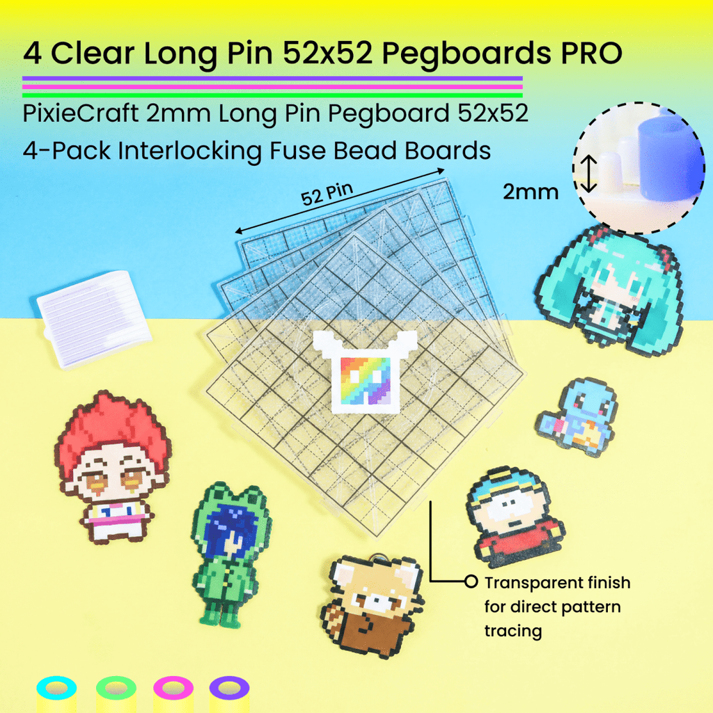 PixieCraft 52x52 Pixel Pegboard PRO 4 - Pack – Interlocking 2.6mm Fuse Bead Boards with Engraved Gridlines & Long 2mm Pins, Snap - Together Pixel Art Boards for Kids & Adults - PixieCraft