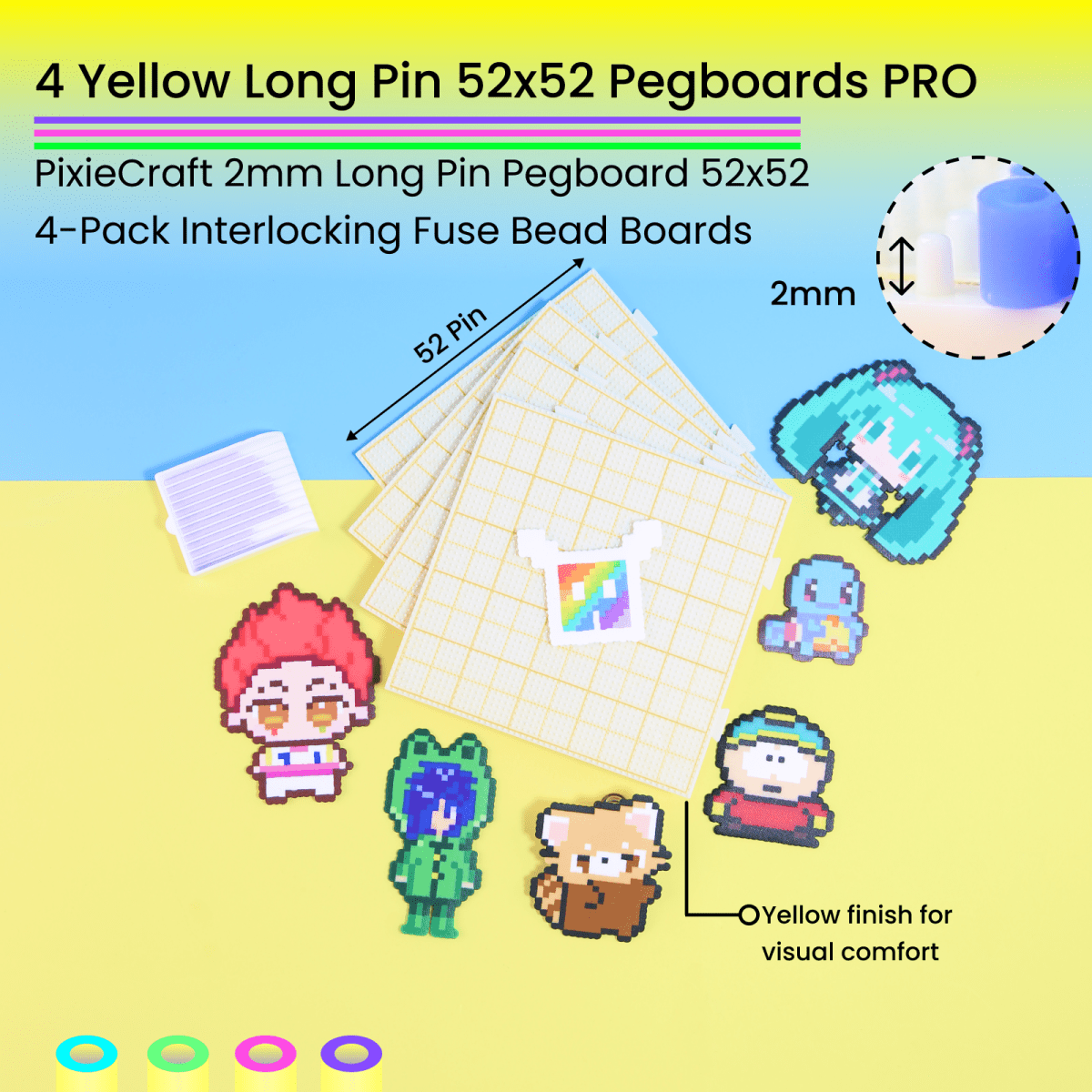 PixieCraft 52x52 Pixel Pegboard PRO 4 - Pack – Interlocking 2.6mm Fuse Bead Boards with Engraved Gridlines & Long 2mm Pins, Snap - Together Pixel Art Boards for Kids & Adults - PixieCraft