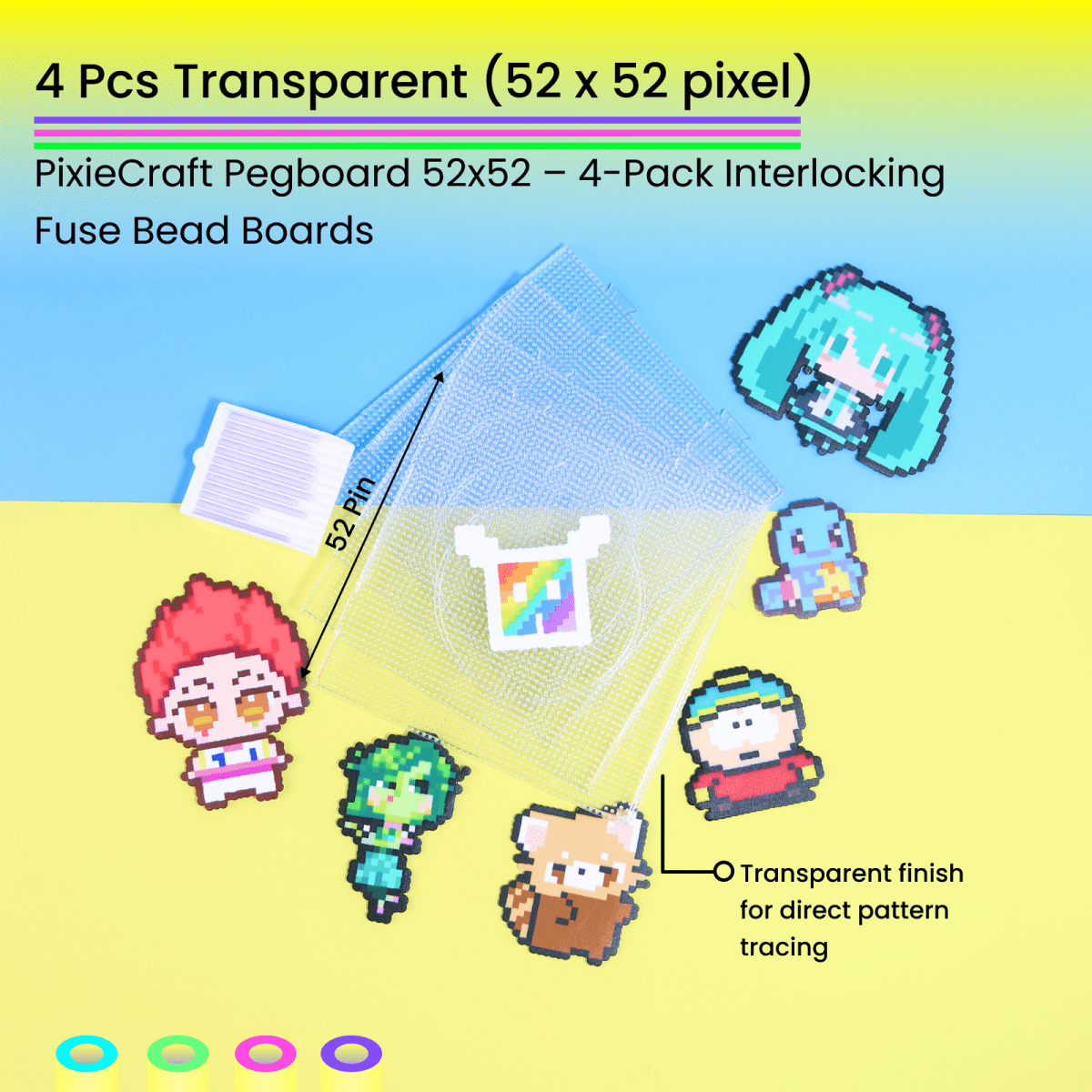PixieCraft 52x52 Transparent Square Pegboards - for 2.6mm Mini Fuse Beads | Pegboard for Pixel Art & Fuse Beads Craft - PixieCraft