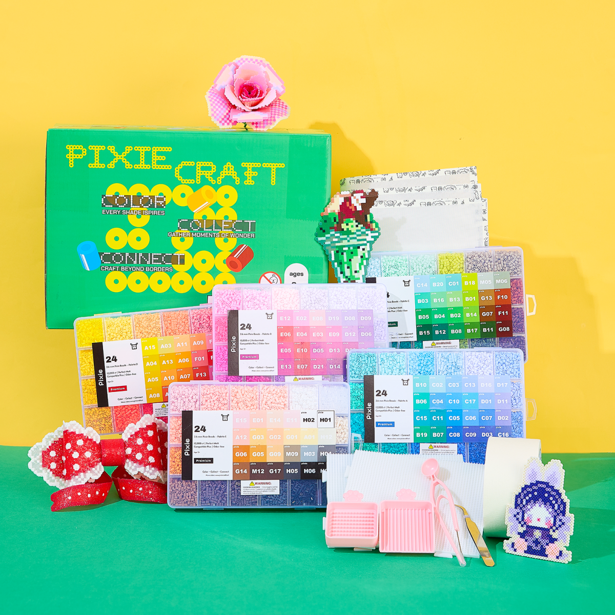 PixieCraft 60000 pcs 2.6mm Fuse Beads Kit, 120 Colors PixieBeads 130 pcs Set with Pegboards, Tweezers, Trays, Bead Pen, Ironing Mats, Pixel Art Craft Kits for Adults, Teens - PixieCraft