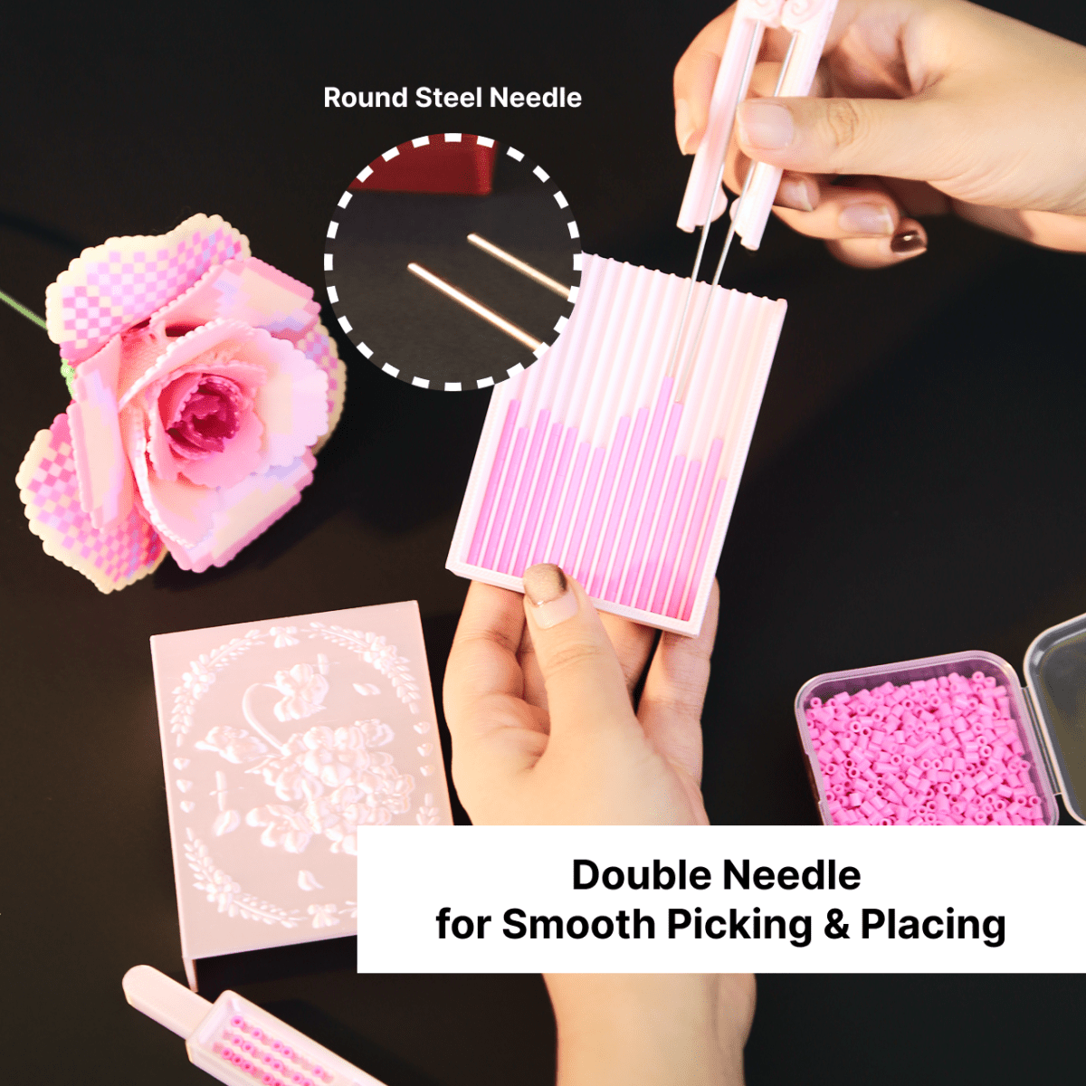 PixieCraft Cherry Blossom PixieBeads Picker Tool Set – Original Design, 2.6mm Bead Tray, Double Needle Precision Pen, One Tilt Bead Return, Aesthetic Pink DIY Fuse Bead Kit - PixieCraft