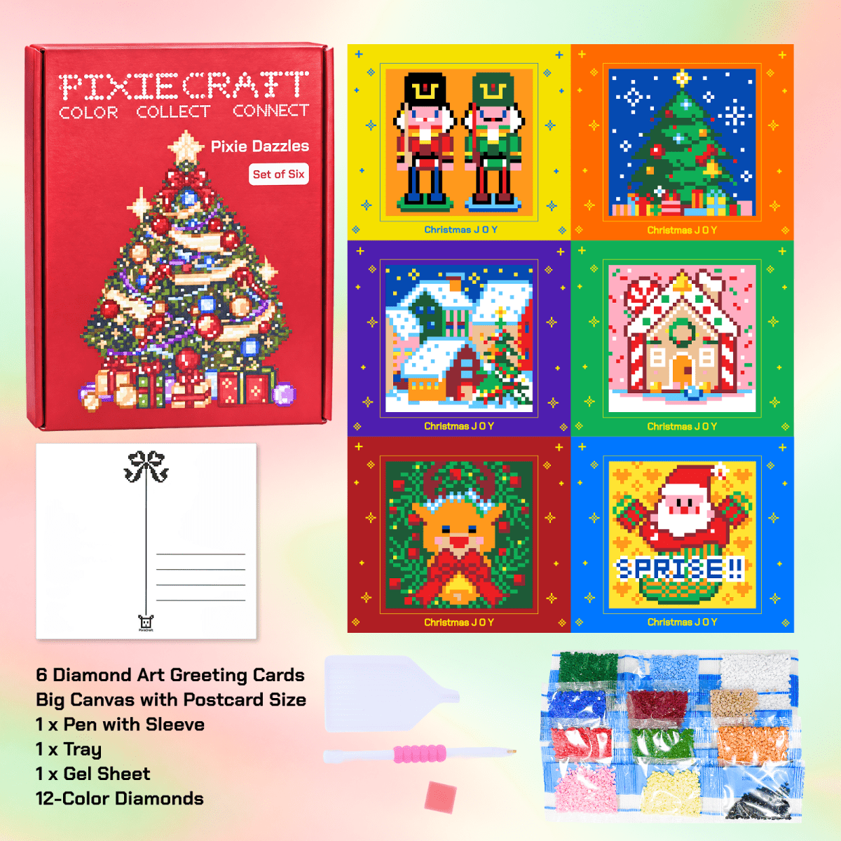 PixieCraft Christmas Diamond Painting Greeting Card Kit, 6 Original Holiday Designs, 12 Colors Diamond Art Set with Pen, Tray & Wax, DIY Christmas Cards for Adults, Teens & Christmas Gifts - PixieCraft