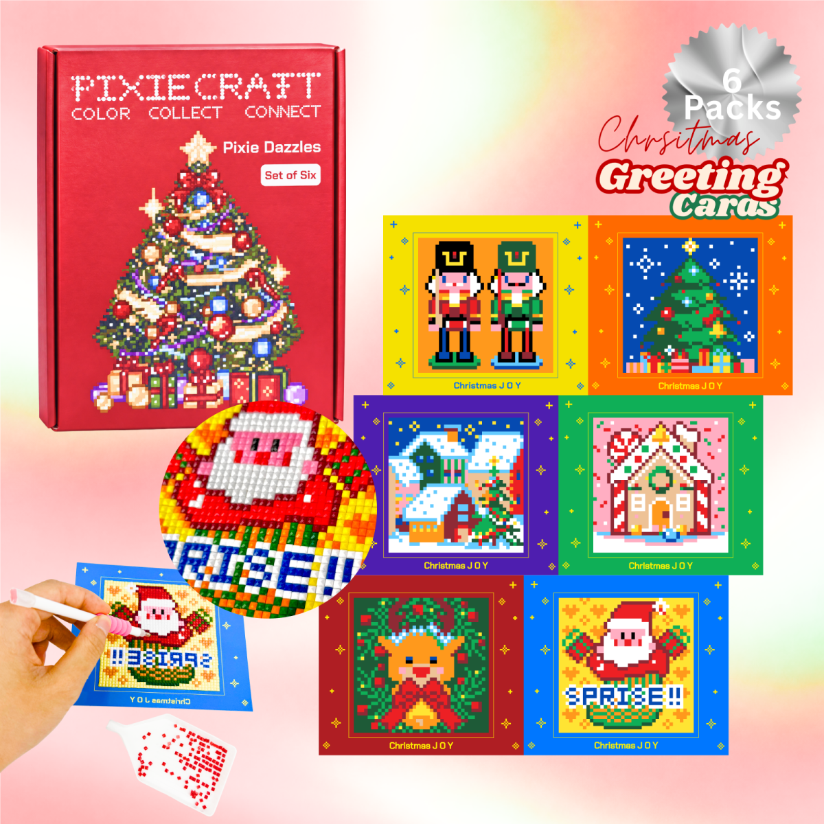 PixieCraft Christmas Diamond Painting Greeting Card Kit, 6 Original Holiday Designs, 12 Colors Diamond Art Set with Pen, Tray & Wax, DIY Christmas Cards for Adults, Teens & Christmas Gifts - PixieCraft