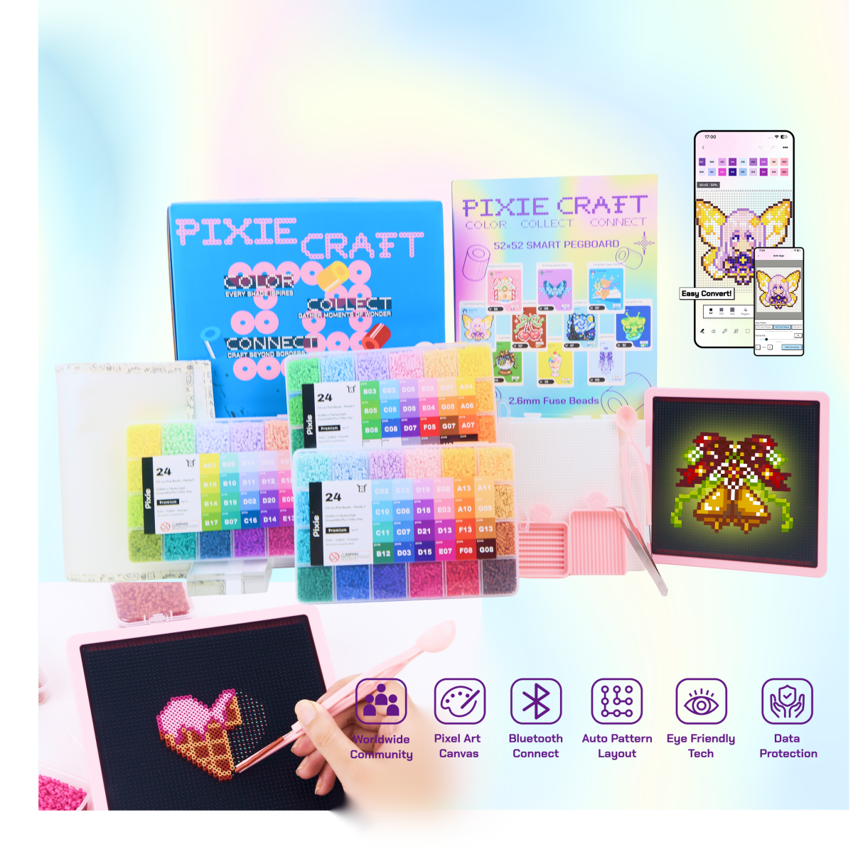 PixieCraft Smart Pegboard Kit with 2.6mm Fuse Beads, LED Pixel Art Board with Bluetooth, PixieCraft Design App, Photo-to-Pattern, 48/72/96/120 Colors, 2mm Stable Pins - PixieCraft