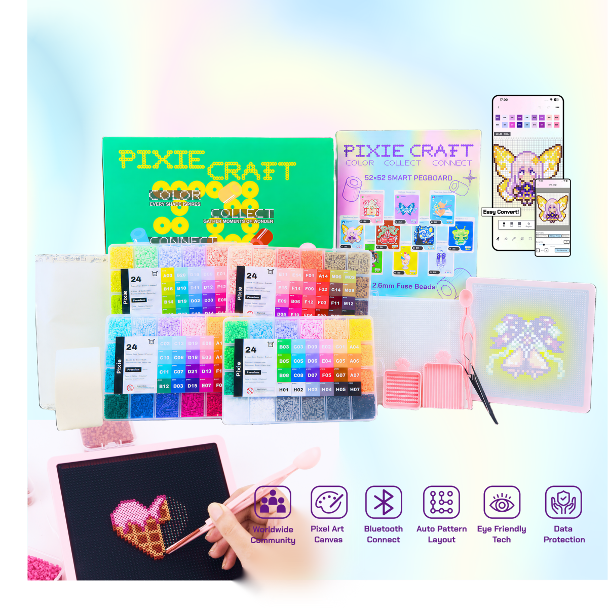 PixieCraft Smart Pegboard Kit with 2.6mm Fuse Beads, LED Pixel Art Board with Bluetooth, PixieCraft Design App, Photo-to-Pattern, 48/72/96/120 Colors, 2mm Stable Pins - PixieCraft