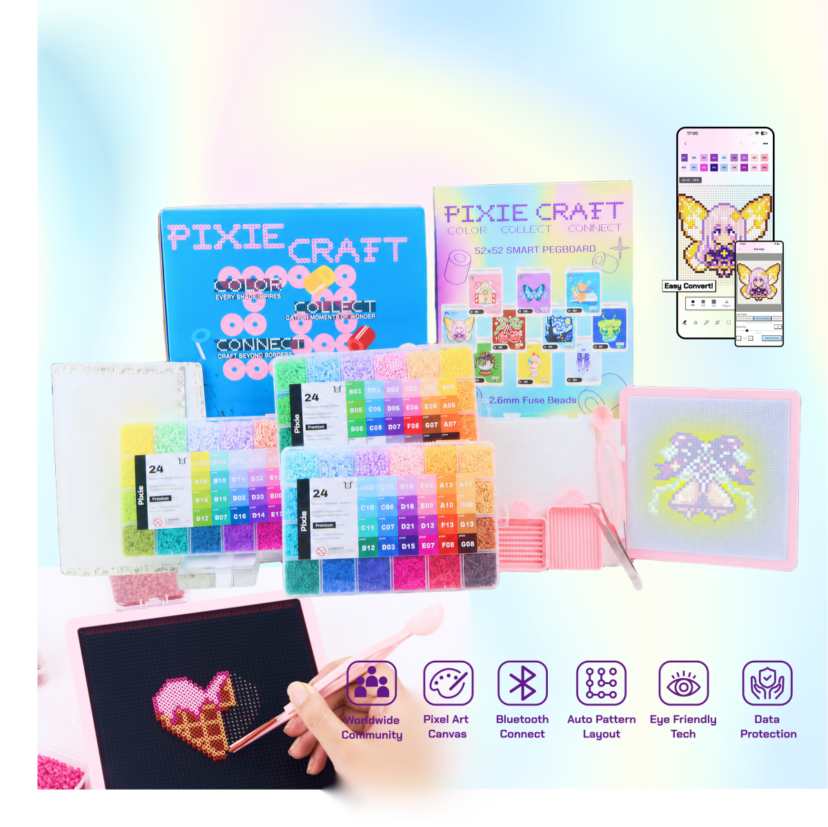 PixieCraft Smart Pegboard Kit with 2.6mm Fuse Beads, LED Pixel Art Board with Bluetooth, PixieCraft Design App, Photo-to-Pattern, 48/72/96/120 Colors, 2mm Stable Pins - PixieCraft