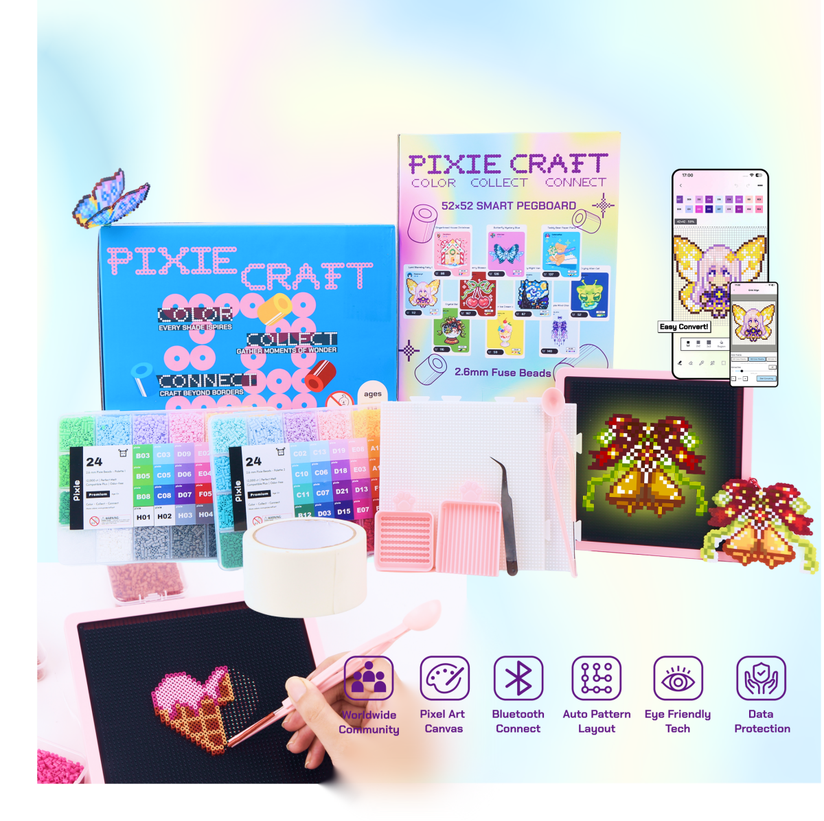 PixieCraft Smart Pegboard Kit with 2.6mm Fuse Beads, LED Pixel Art Board with Bluetooth, PixieCraft Design App, Photo-to-Pattern, 48/72/96/120 Colors, 2mm Stable Pins - PixieCraft