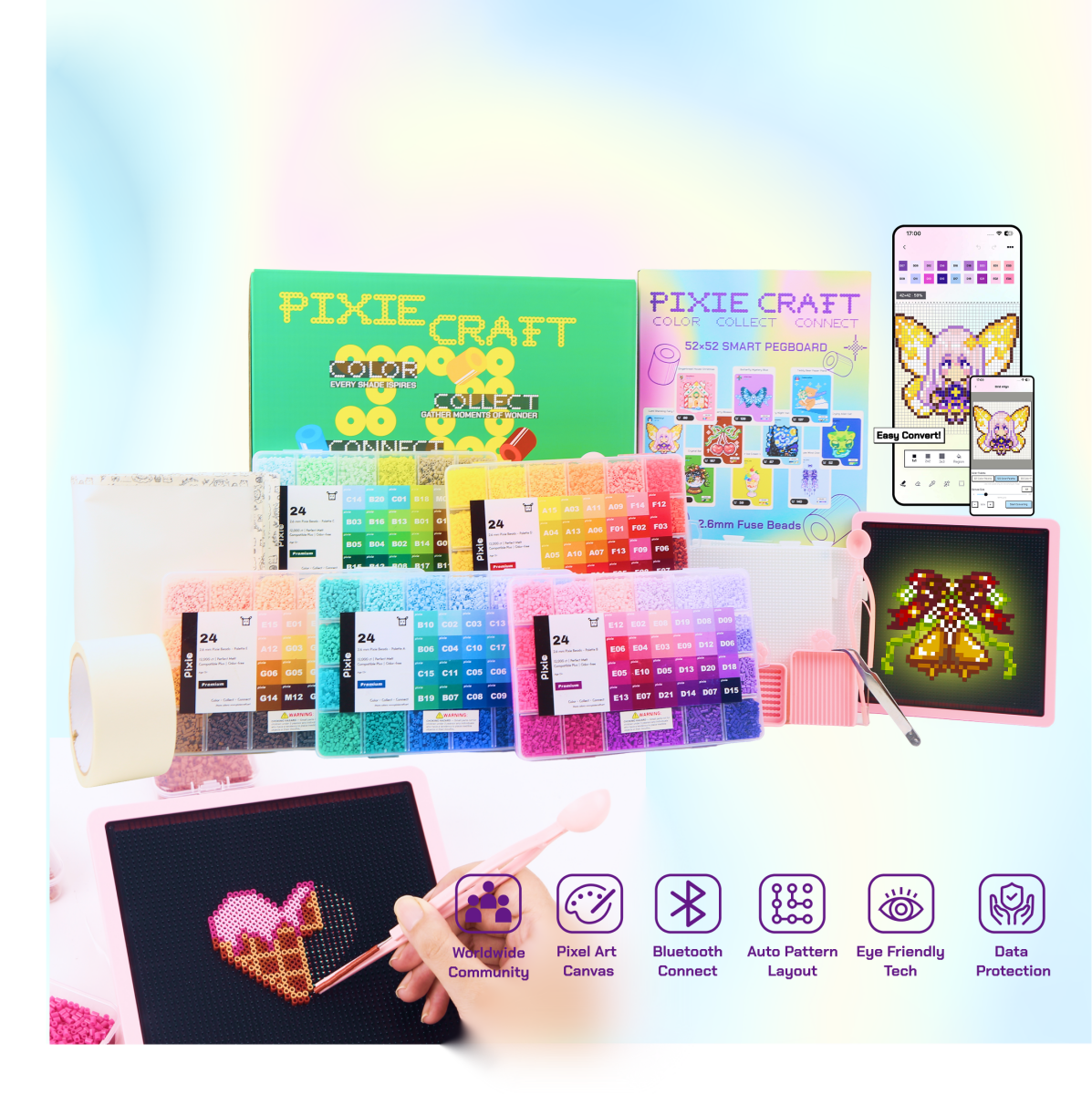 PixieCraft Smart Pegboard Kit with 2.6mm Fuse Beads, LED Pixel Art Board with Bluetooth, PixieCraft Design App, Photo-to-Pattern, 48/72/96/120 Colors, 2mm Stable Pins - PixieCraft